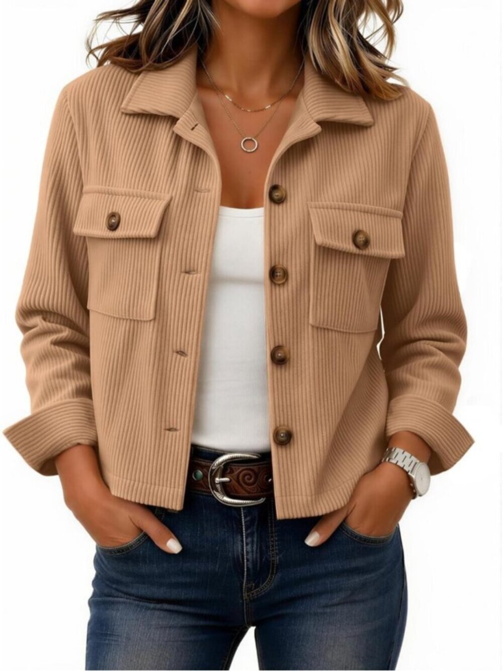 Women's Camel Ribbed Knit Button-Down Flap Pockets Long Sleeve Cropped Shacket